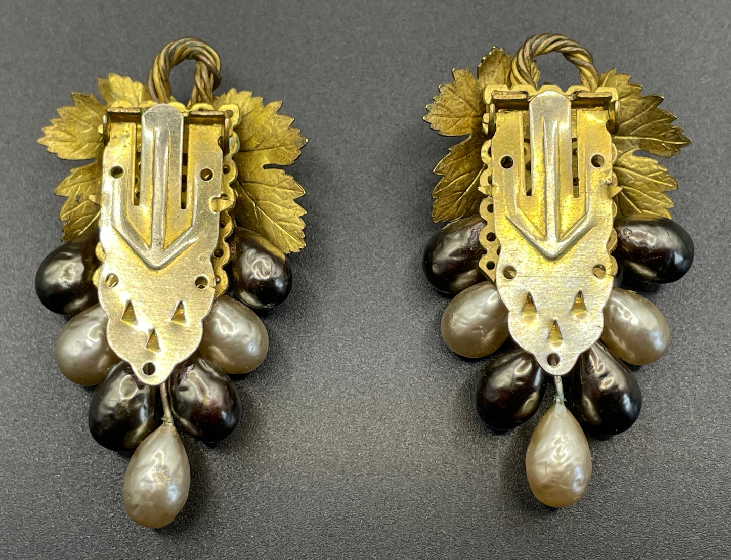 Vintage Louis Rousselet pair of Art Deco black & white glass baroque pearl gold tone bunch of grapes dress clips, both clips included