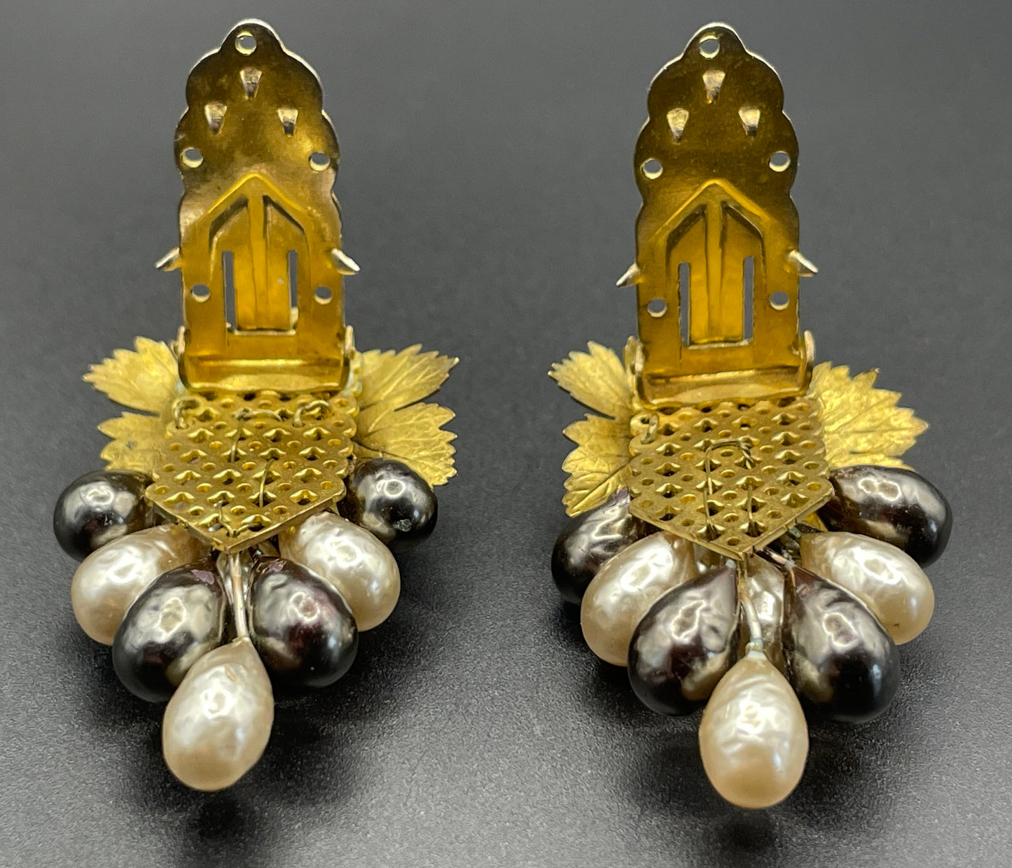 Vintage Louis Rousselet pair of Art Deco black & white glass baroque pearl gold tone bunch of grapes dress clips, both clips included