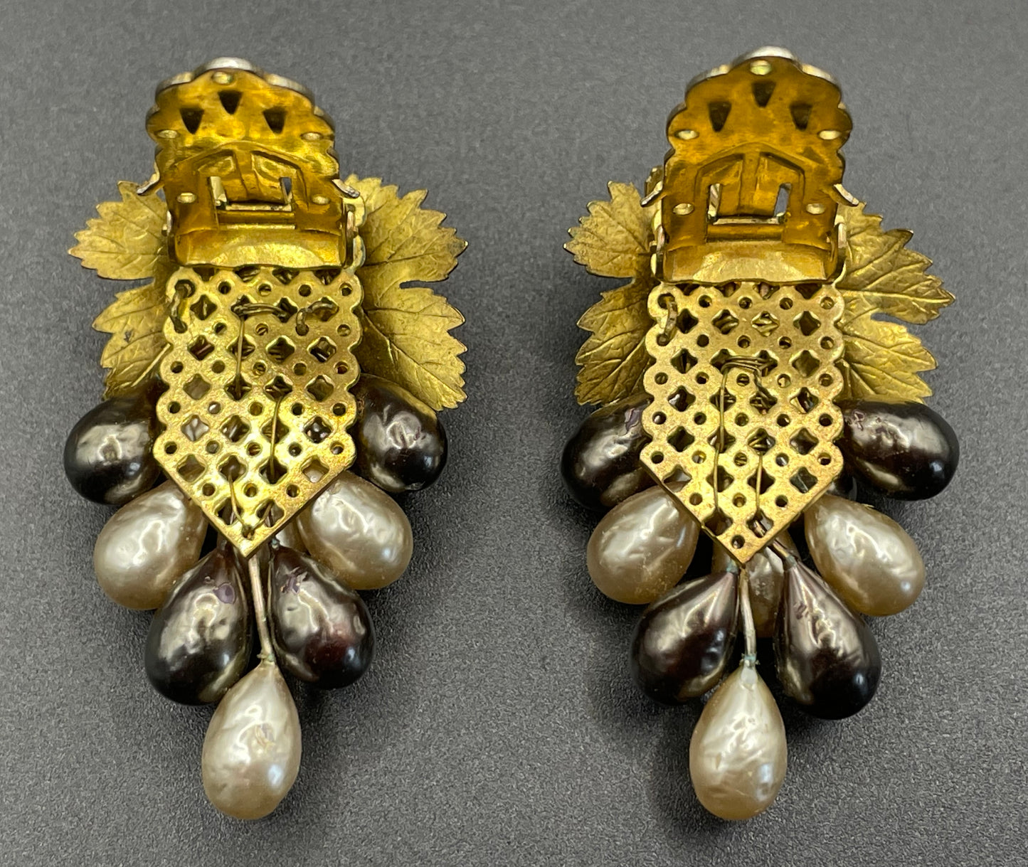 Vintage Louis Rousselet pair of Art Deco black & white glass baroque pearl gold tone bunch of grapes dress clips, both clips included
