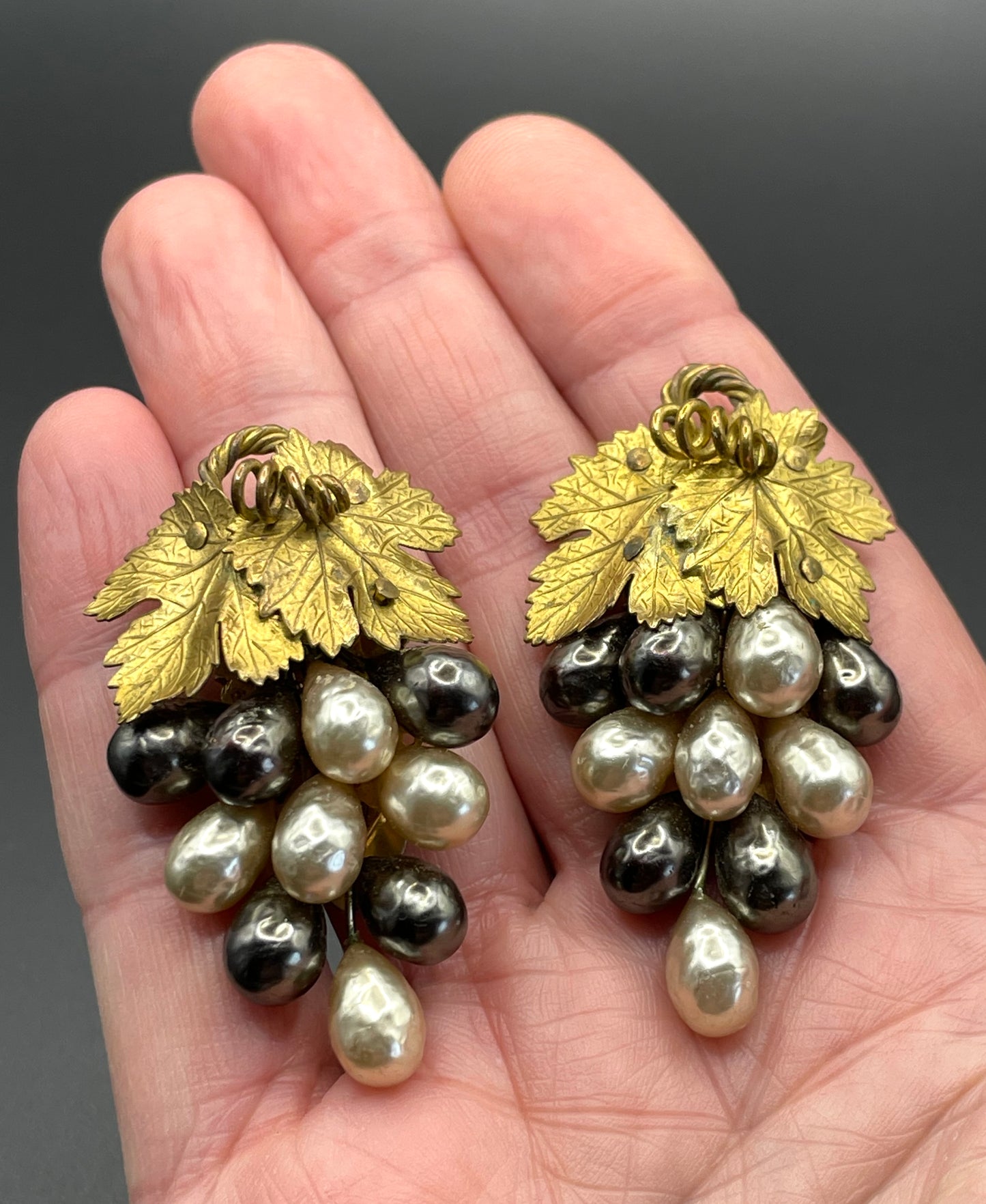 Vintage Louis Rousselet pair of Art Deco black & white glass baroque pearl gold tone bunch of grapes dress clips, both clips included