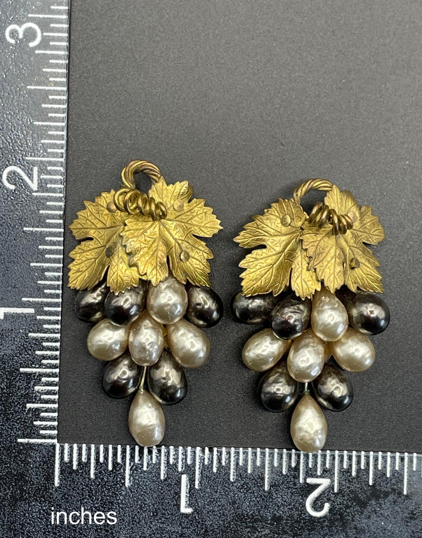 Vintage Louis Rousselet pair of Art Deco black & white glass baroque pearl gold tone bunch of grapes dress clips, both clips included