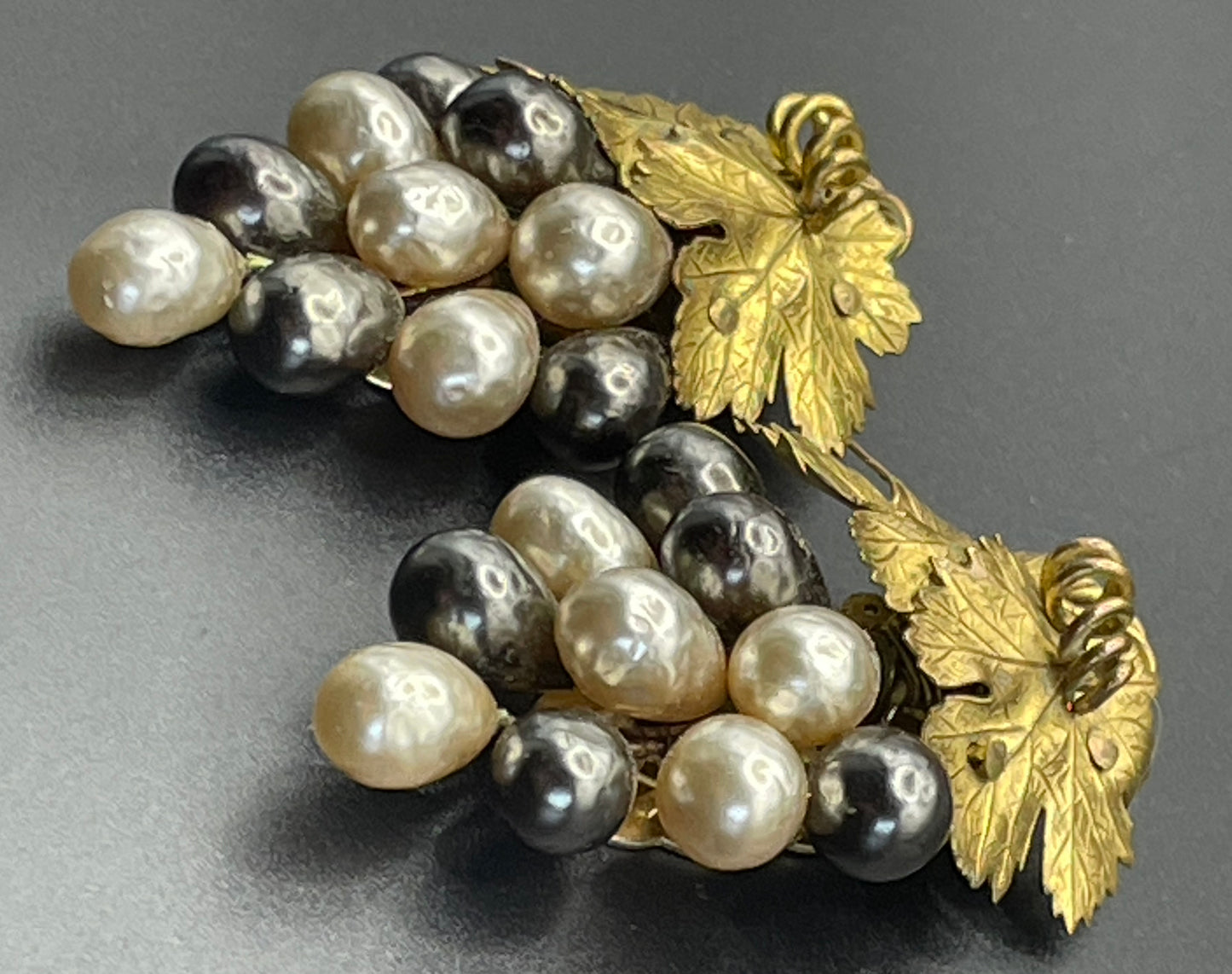 Vintage Louis Rousselet pair of Art Deco black & white glass baroque pearl gold tone bunch of grapes dress clips, both clips included