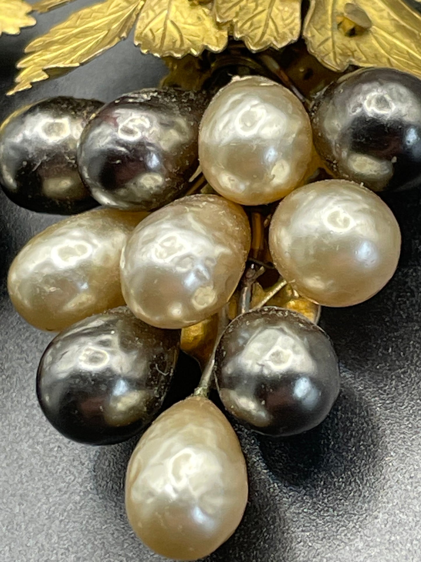 Vintage Louis Rousselet pair of Art Deco black & white glass baroque pearl gold tone bunch of grapes dress clips, both clips included