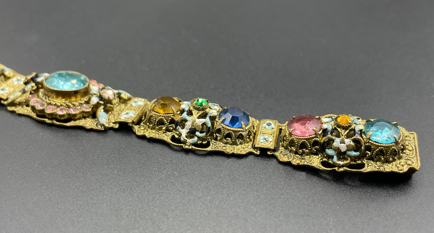 Vintage Art Deco Czech gold tone filigree, multicoloured glass rhinestone and cold painted enamel panel bracelet, possibly Neiger Brothers