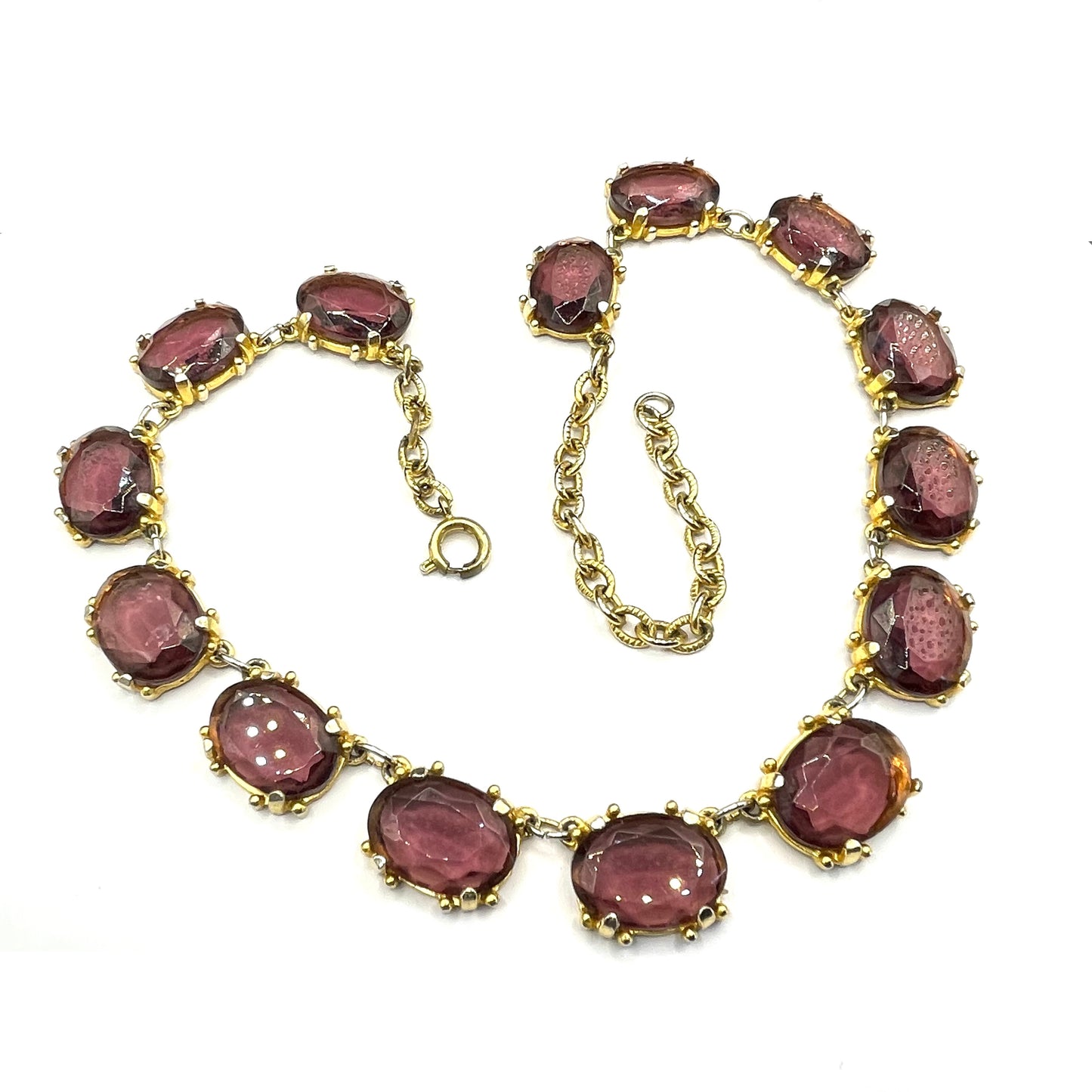 Vintage Sphinx amethyst purple / violet glass riviere necklace, heavy, bezel set, open-backed stones in ornate gold tone setting