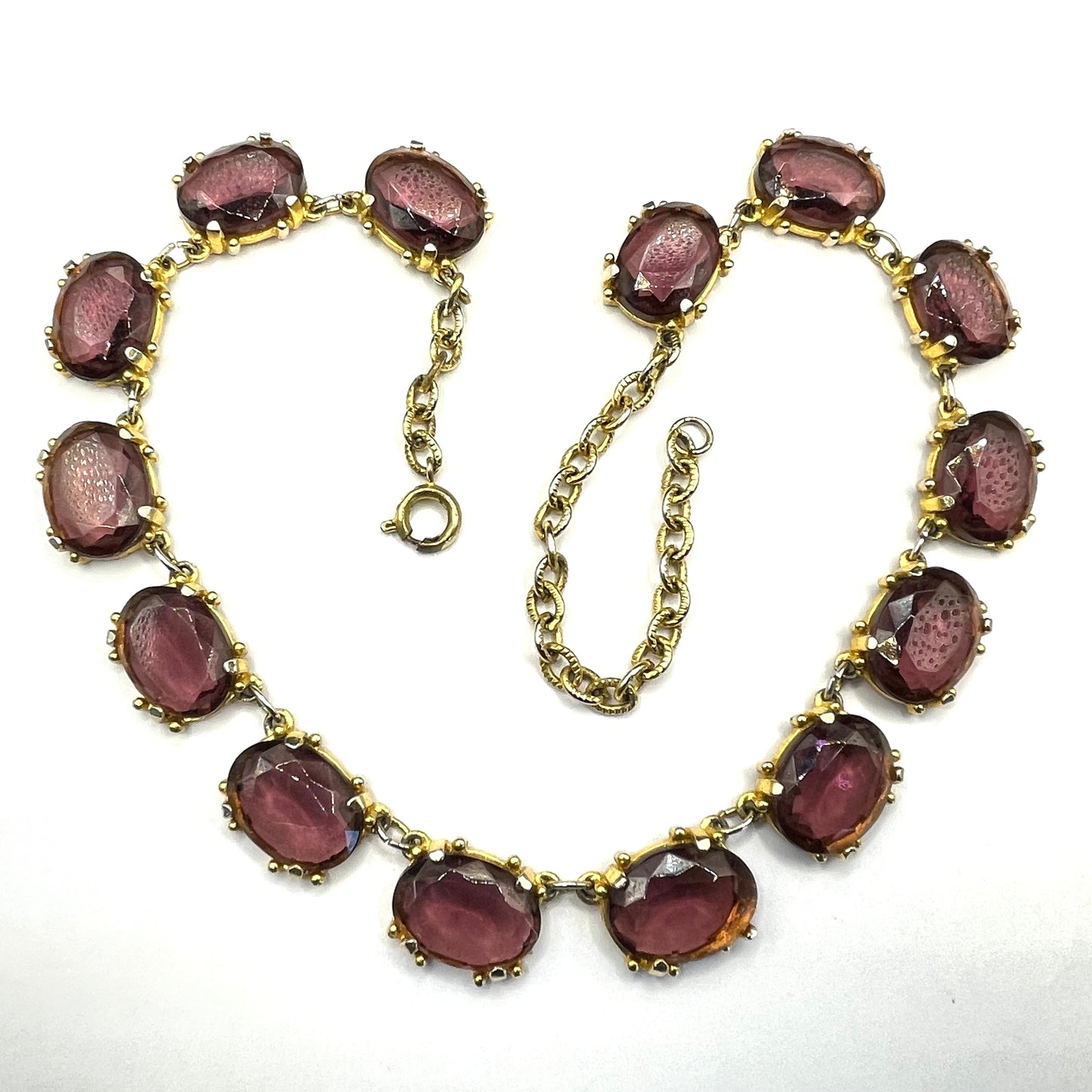 Vintage Sphinx amethyst purple / violet glass riviere necklace, heavy, bezel set, open-backed stones in ornate gold tone setting