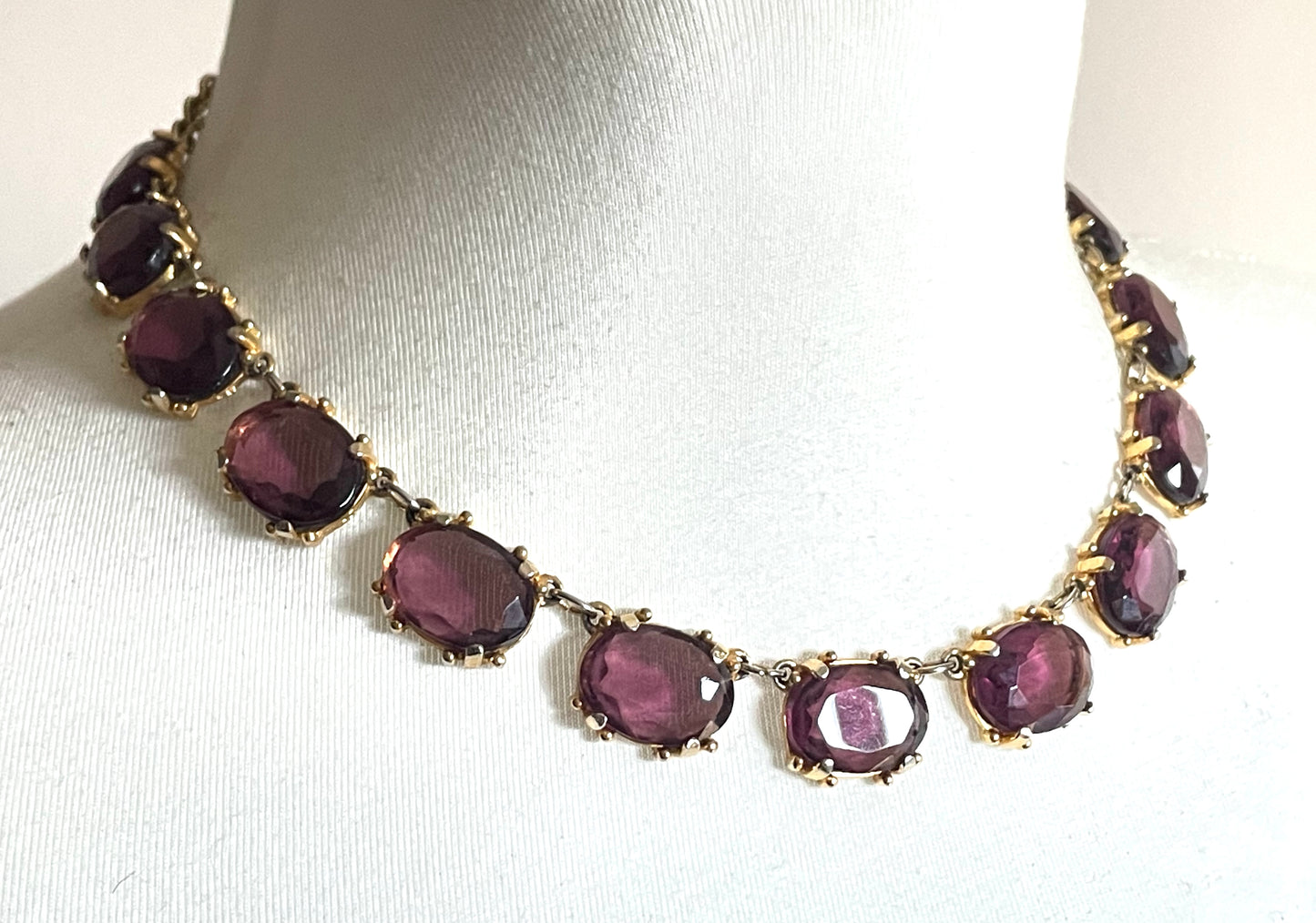 Vintage Sphinx amethyst purple / violet glass riviere necklace, heavy, bezel set, open-backed stones in ornate gold tone setting