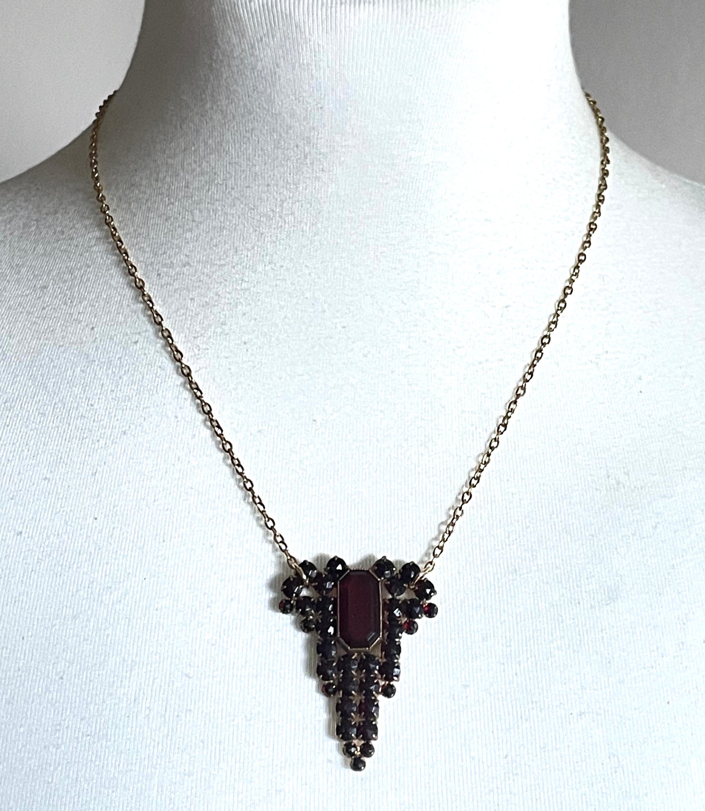 Vintage / antique Bohemian garnet brooch and upcycled pendant set, different shaped rose and table cut stones set in gold tone