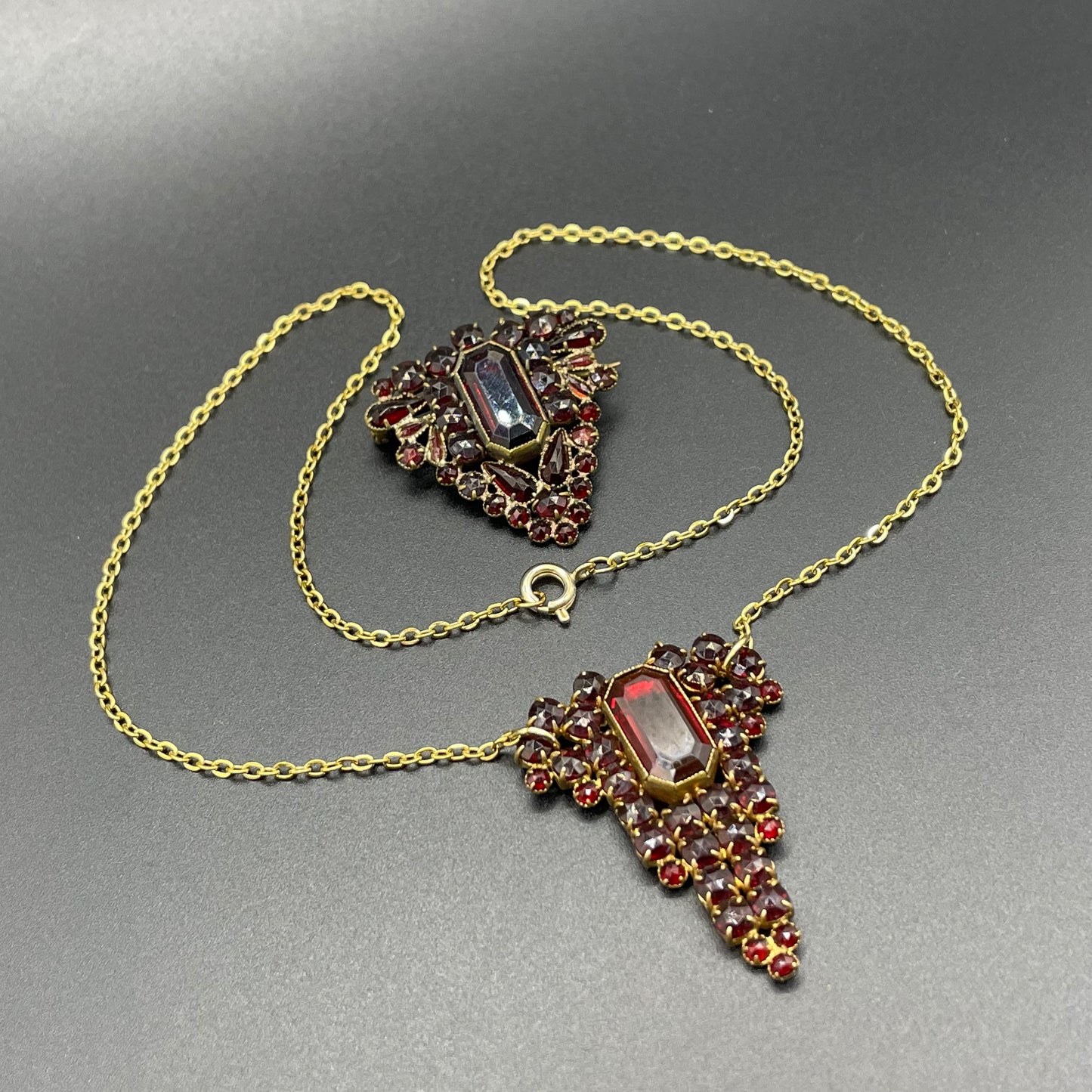 Vintage / antique Bohemian garnet brooch and upcycled pendant set, different shaped rose and table cut stones set in gold tone
