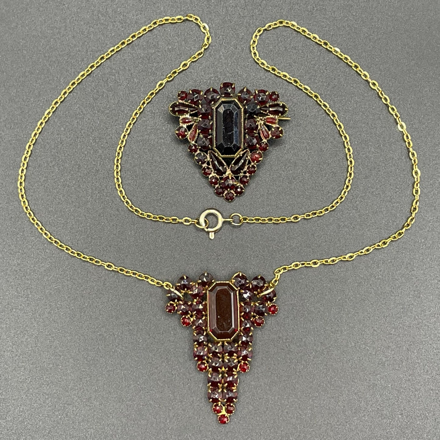 Vintage / antique Bohemian garnet brooch and upcycled pendant set, different shaped rose and table cut stones set in gold tone