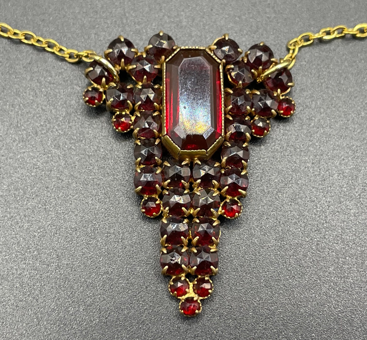 Vintage / antique Bohemian garnet brooch and upcycled pendant set, different shaped rose and table cut stones set in gold tone