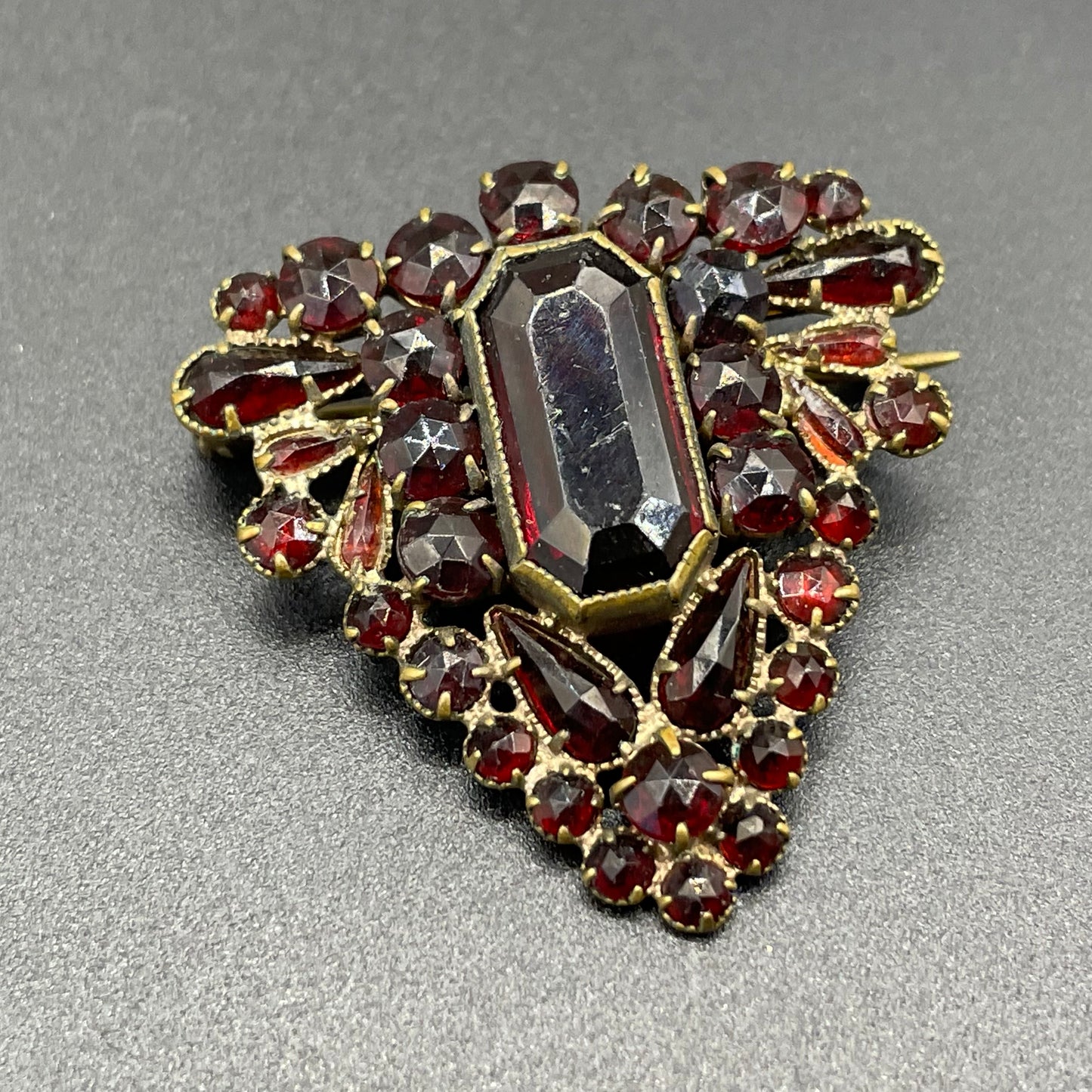 Vintage / antique Bohemian garnet brooch and upcycled pendant set, different shaped rose and table cut stones set in gold tone