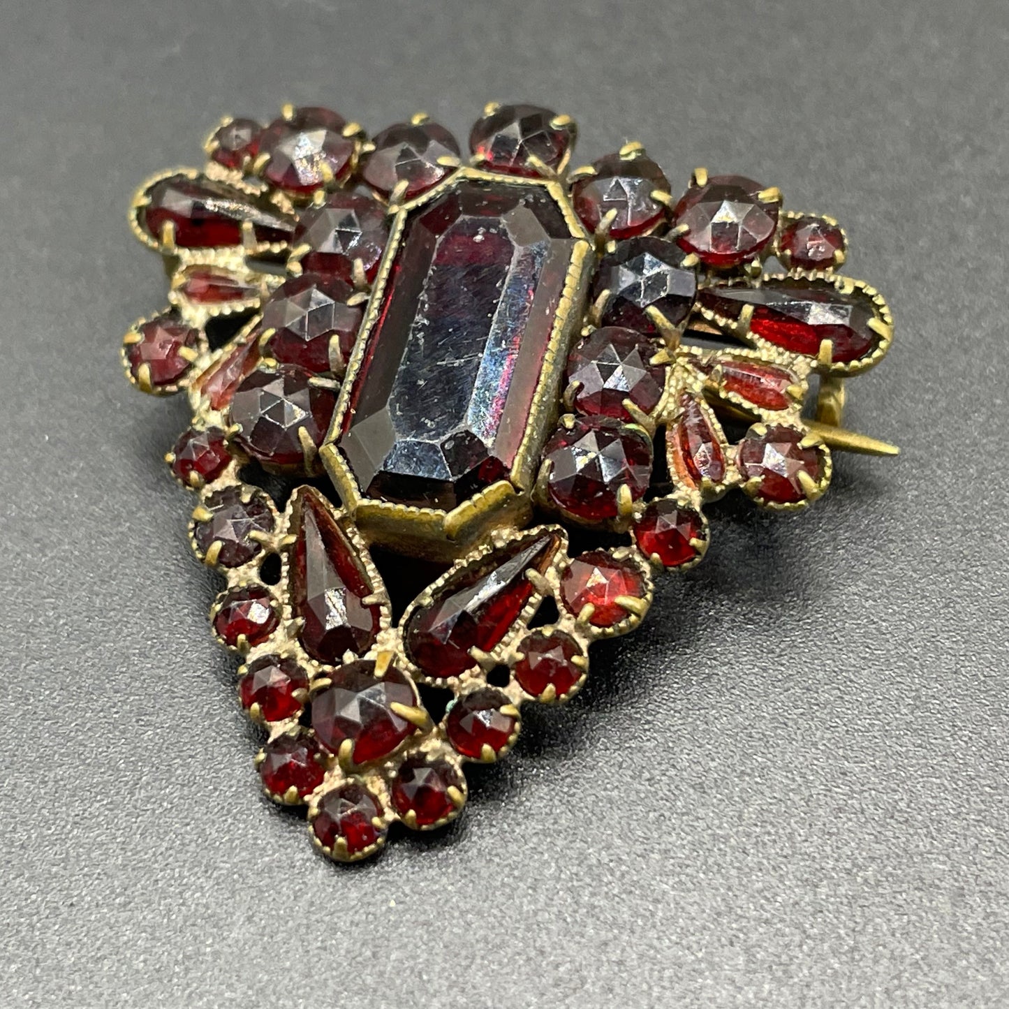Vintage / antique Bohemian garnet brooch and upcycled pendant set, different shaped rose and table cut stones set in gold tone