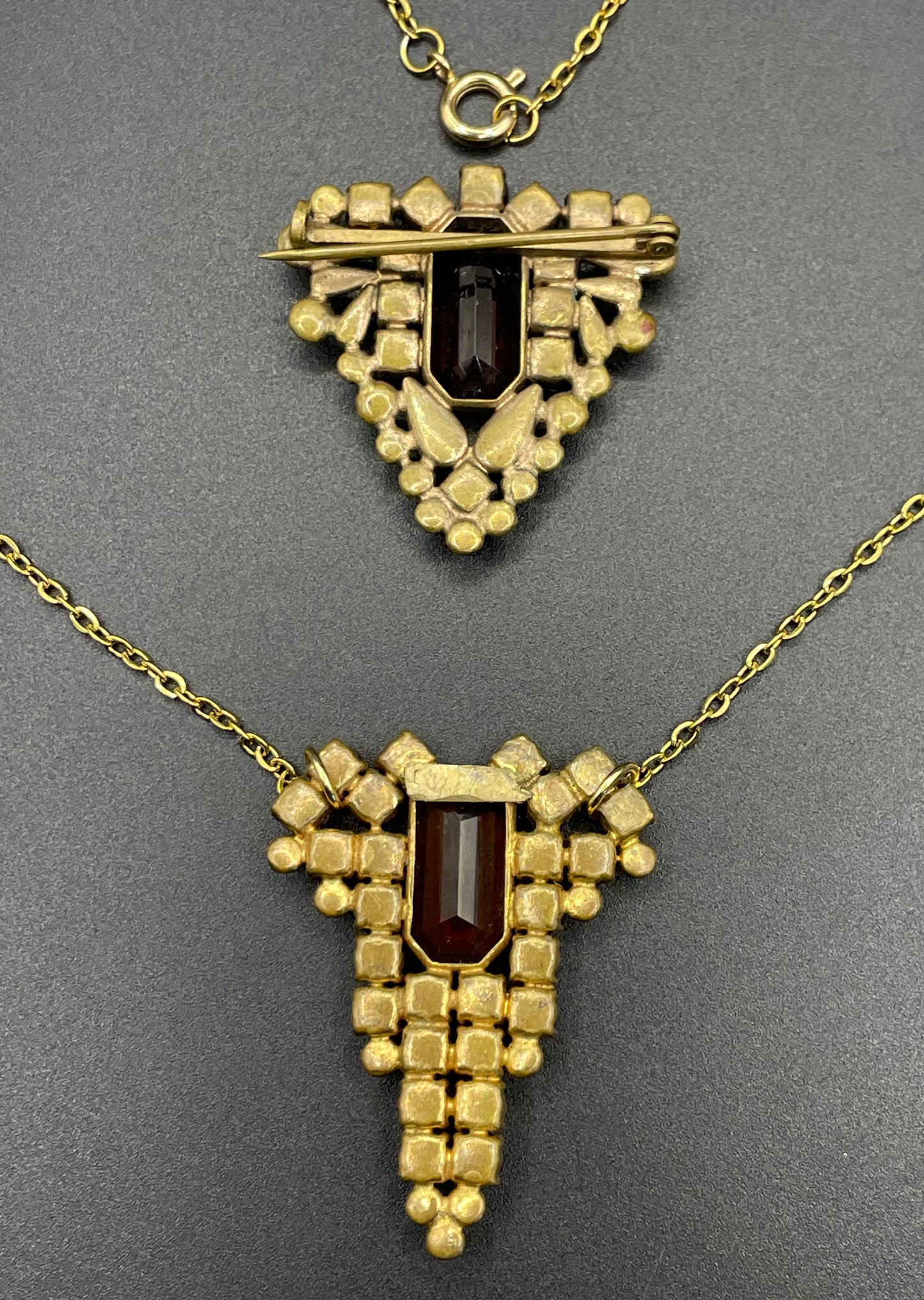 Vintage / antique Bohemian garnet brooch and upcycled pendant set, different shaped rose and table cut stones set in gold tone