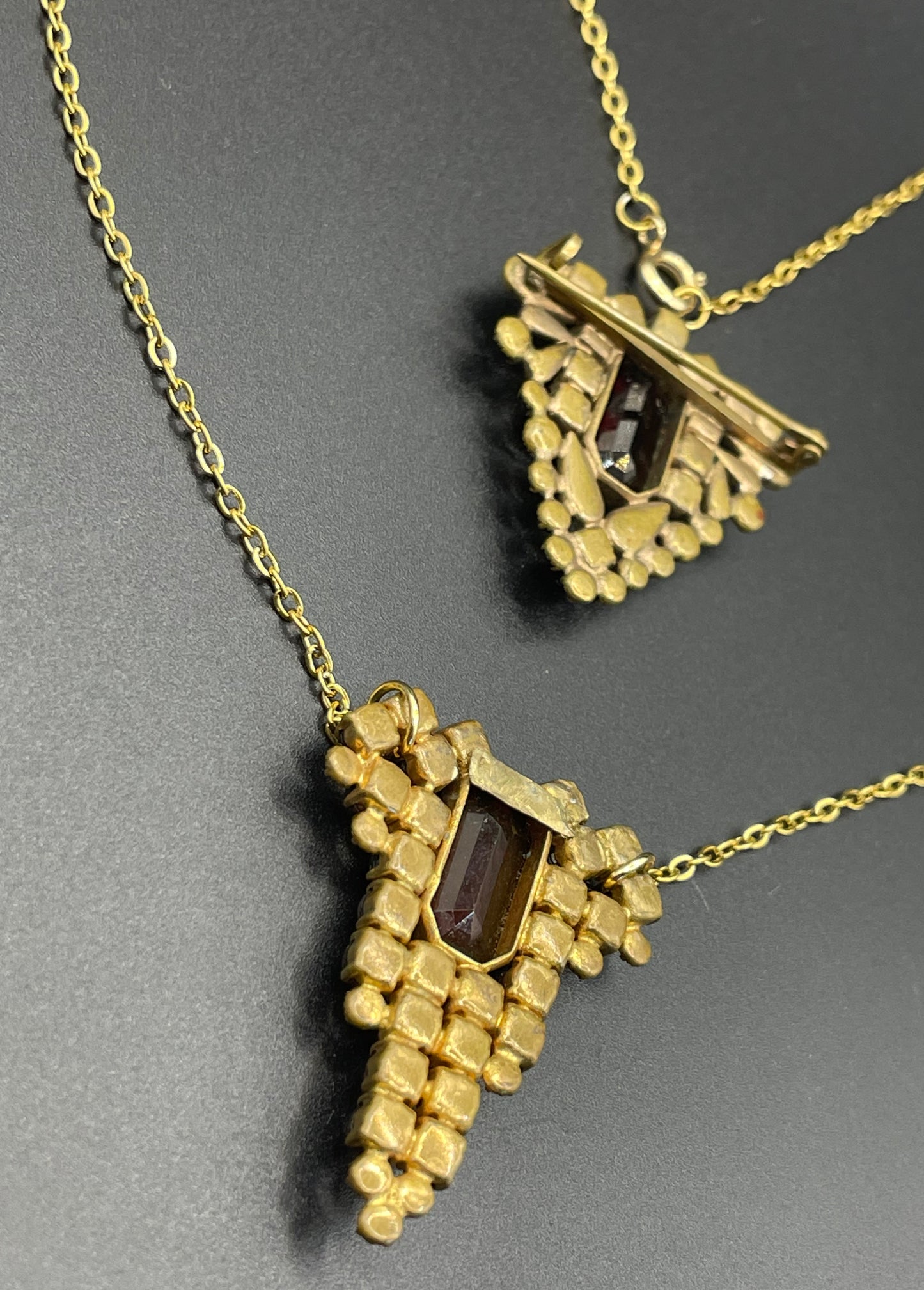 Vintage / antique Bohemian garnet brooch and upcycled pendant set, different shaped rose and table cut stones set in gold tone