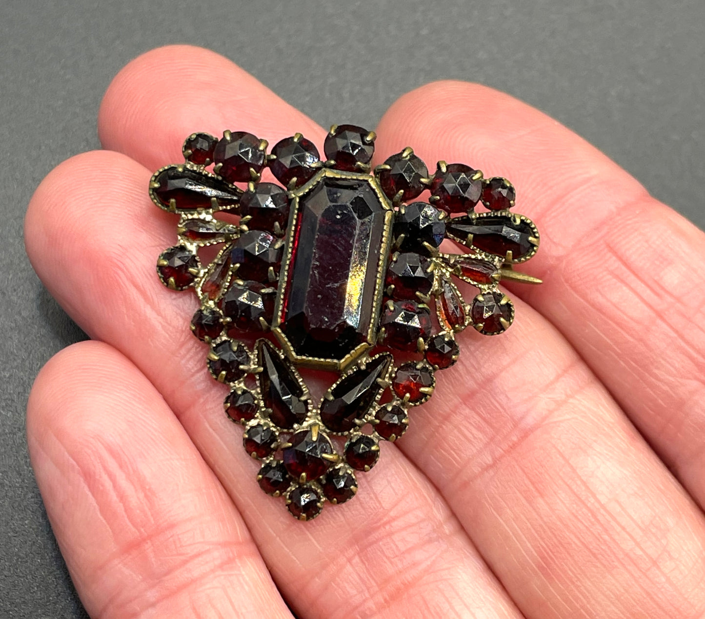 Vintage / antique Bohemian garnet brooch and upcycled pendant set, different shaped rose and table cut stones set in gold tone