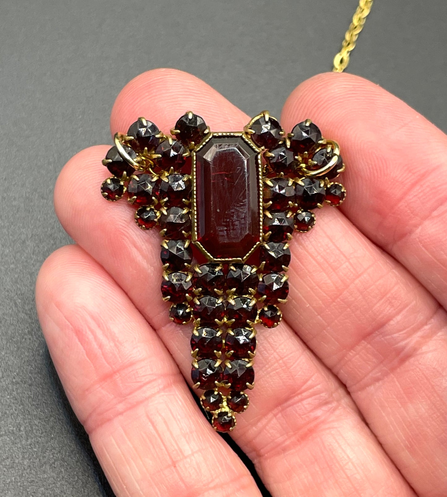 Vintage / antique Bohemian garnet brooch and upcycled pendant set, different shaped rose and table cut stones set in gold tone