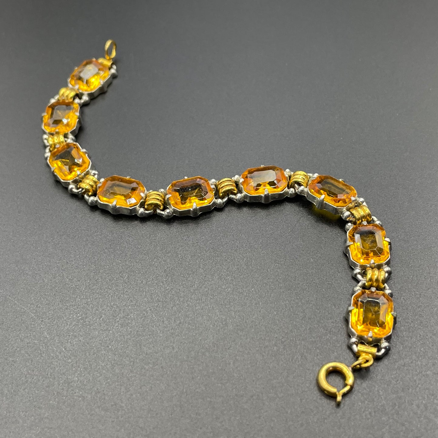Vintage Art Deco citrine / topaz orange Czech rhinestone bracelet with bi-colour gold and silver tone, including large open-backed stones