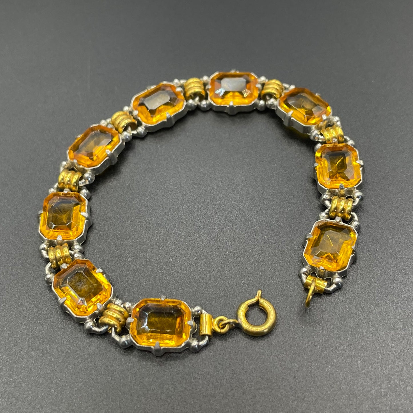 Vintage Art Deco citrine / topaz orange Czech rhinestone bracelet with bi-colour gold and silver tone, including large open-backed stones
