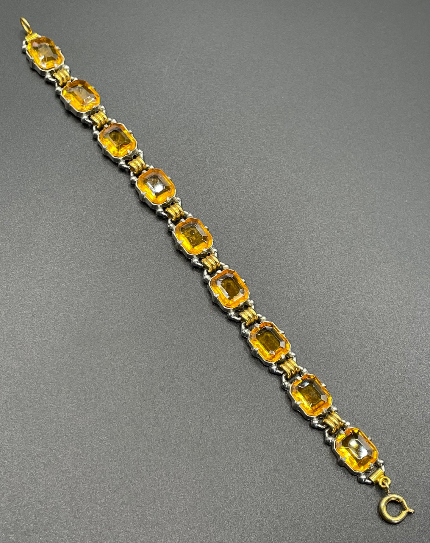 Vintage Art Deco citrine / topaz orange Czech rhinestone bracelet with bi-colour gold and silver tone, including large open-backed stones