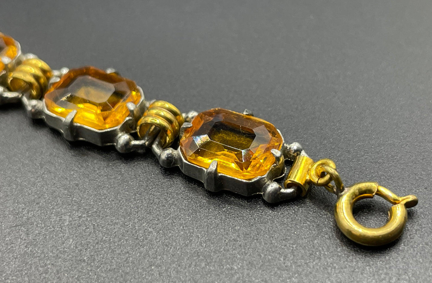Vintage Art Deco citrine / topaz orange Czech rhinestone bracelet with bi-colour gold and silver tone, including large open-backed stones