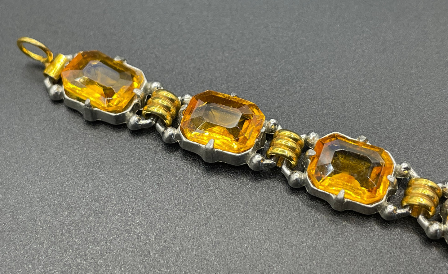 Vintage Art Deco citrine / topaz orange Czech rhinestone bracelet with bi-colour gold and silver tone, including large open-backed stones