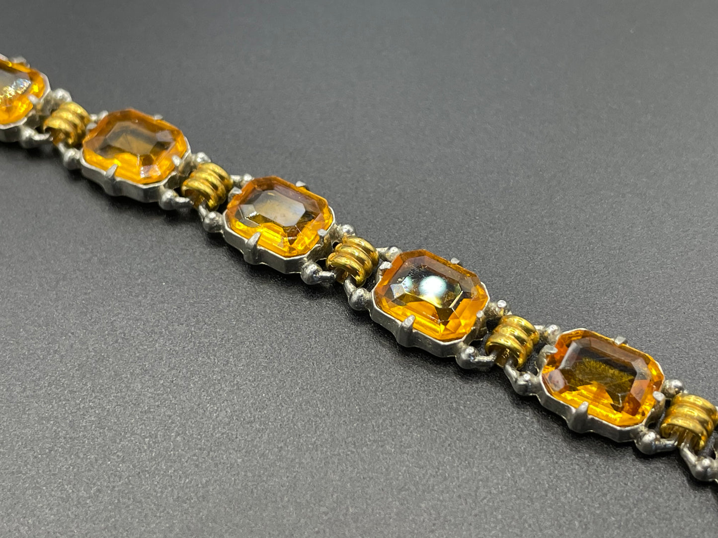 Vintage Art Deco citrine / topaz orange Czech rhinestone bracelet with bi-colour gold and silver tone, including large open-backed stones