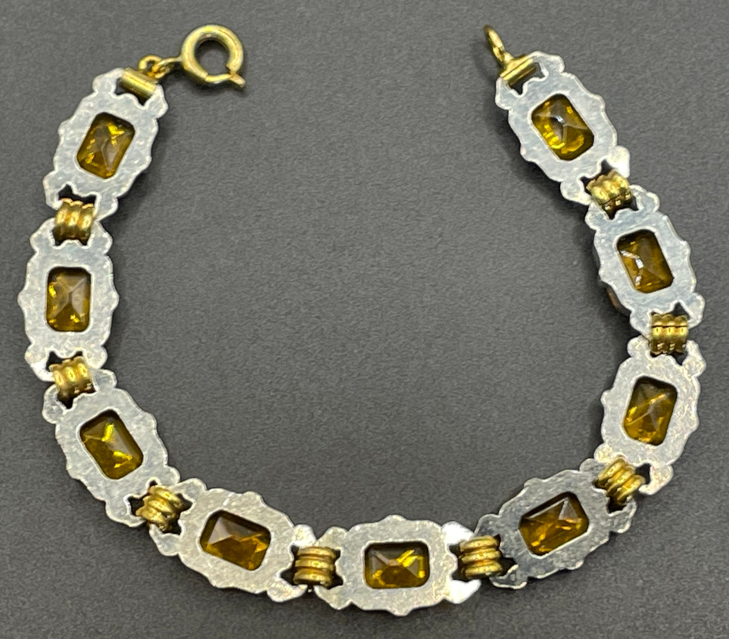 Vintage Art Deco citrine / topaz orange Czech rhinestone bracelet with bi-colour gold and silver tone, including large open-backed stones