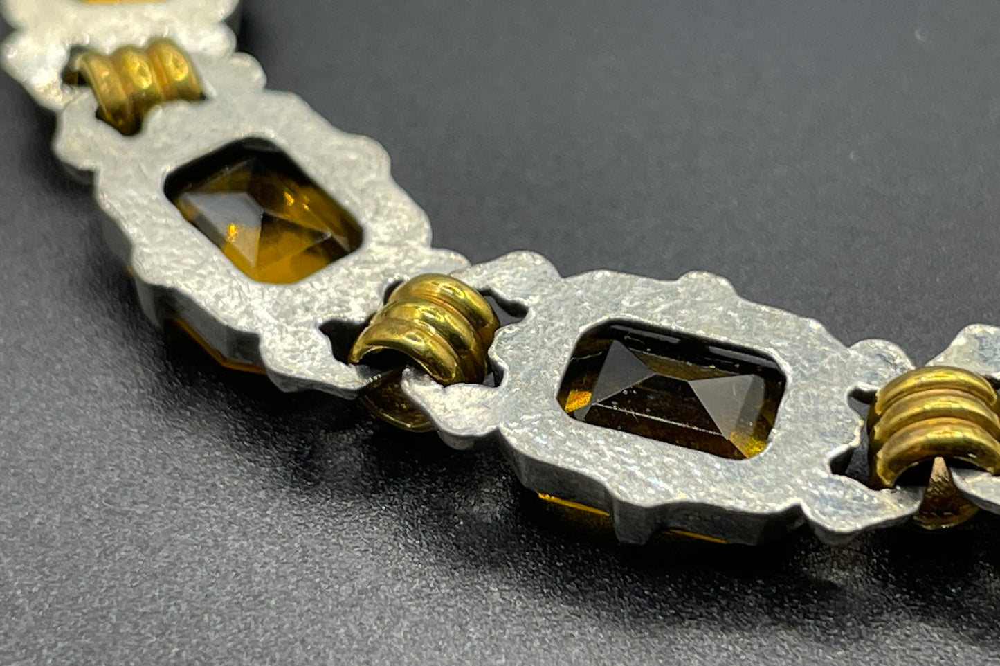 Vintage Art Deco citrine / topaz orange Czech rhinestone bracelet with bi-colour gold and silver tone, including large open-backed stones