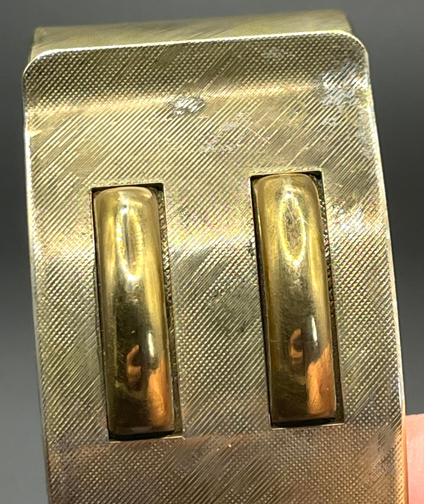Vintage Art Deco engine turned machine age gold tone gilded on silver tone wide bangle bracelet hinged cuff, abstract Bauhaus design