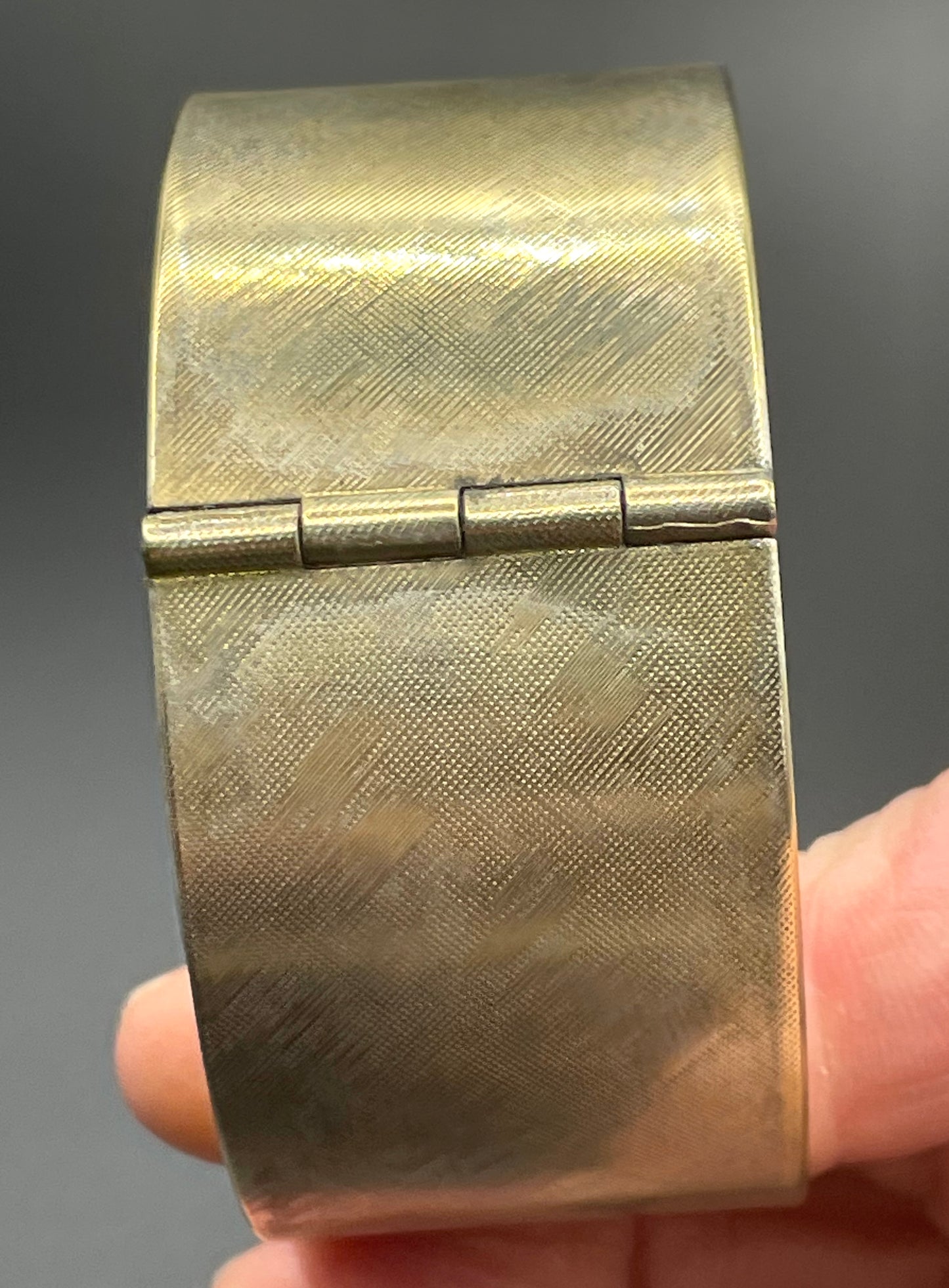 Vintage Art Deco engine turned machine age gold tone gilded on silver tone wide bangle bracelet hinged cuff, abstract Bauhaus design