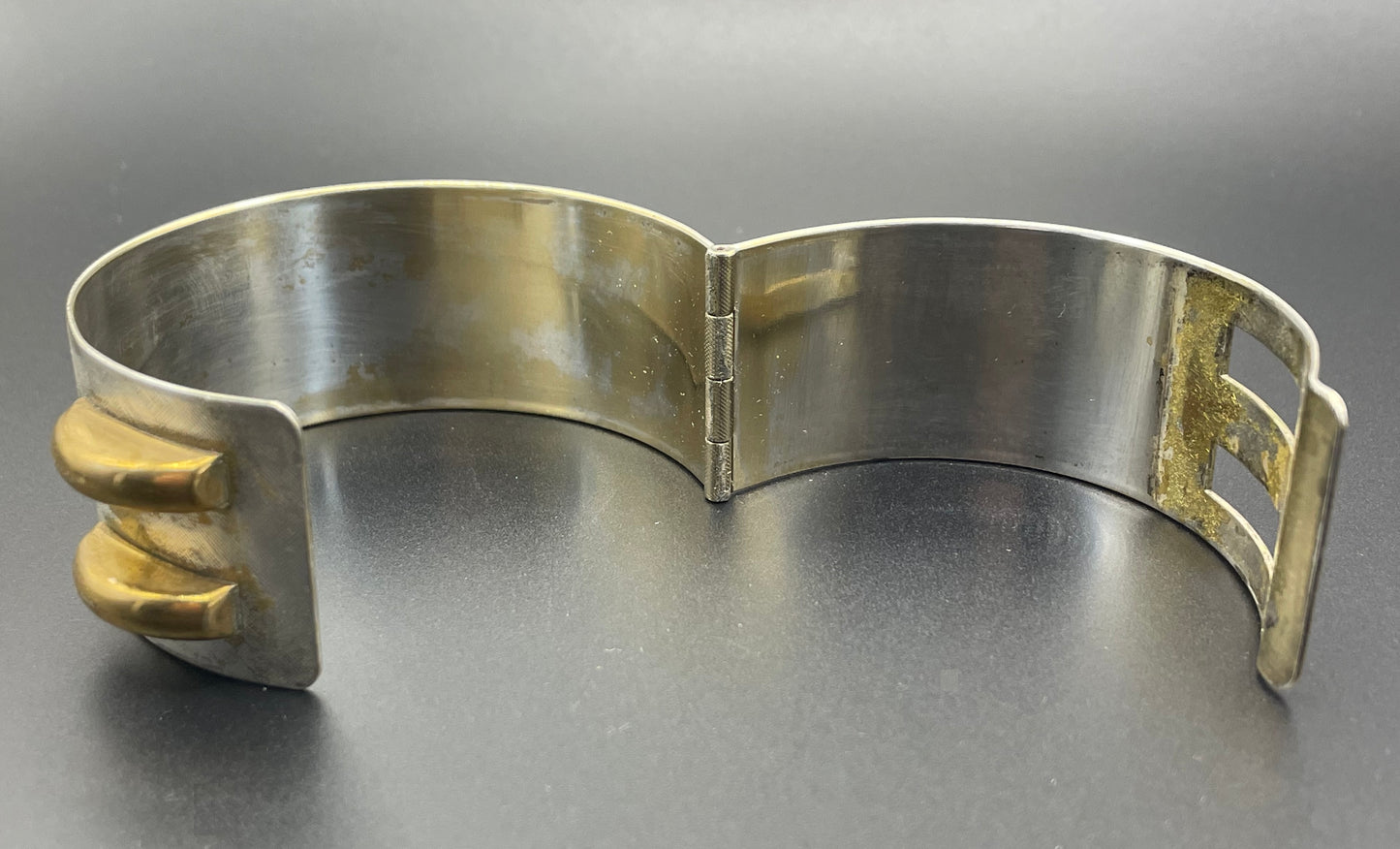 Vintage Art Deco engine turned machine age gold tone gilded on silver tone wide bangle bracelet hinged cuff, abstract Bauhaus design
