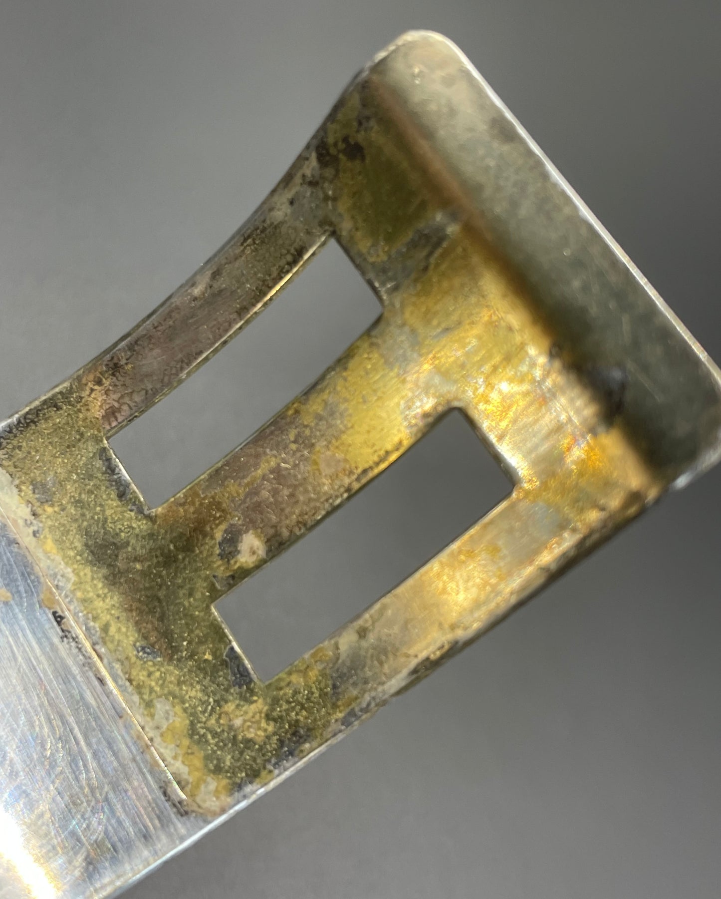 Vintage Art Deco engine turned machine age gold tone gilded on silver tone wide bangle bracelet hinged cuff, abstract Bauhaus design