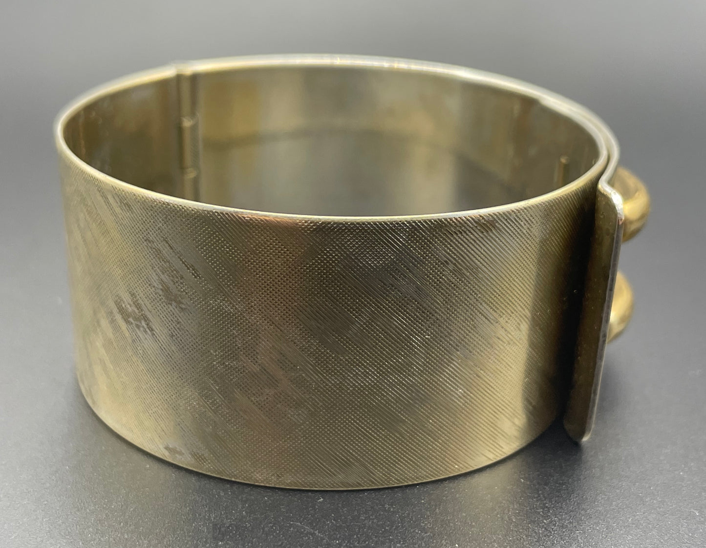 Vintage Art Deco engine turned machine age gold tone gilded on silver tone wide bangle bracelet hinged cuff, abstract Bauhaus design