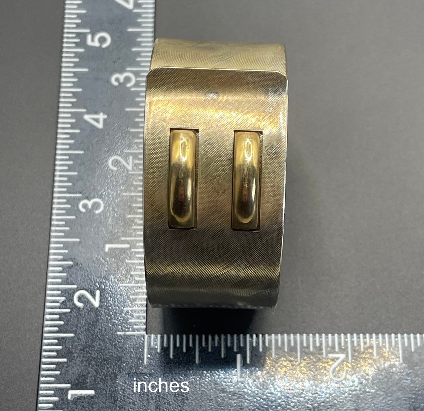 Vintage Art Deco engine turned machine age gold tone gilded on silver tone wide bangle bracelet hinged cuff, abstract Bauhaus design