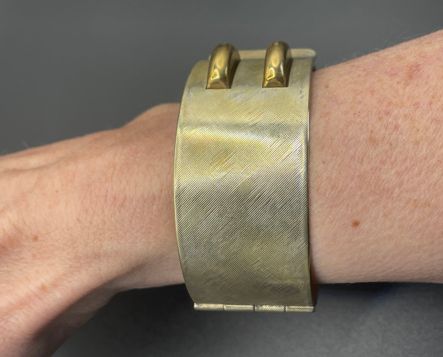 Vintage Art Deco engine turned machine age gold tone gilded on silver tone wide bangle bracelet hinged cuff, abstract Bauhaus design