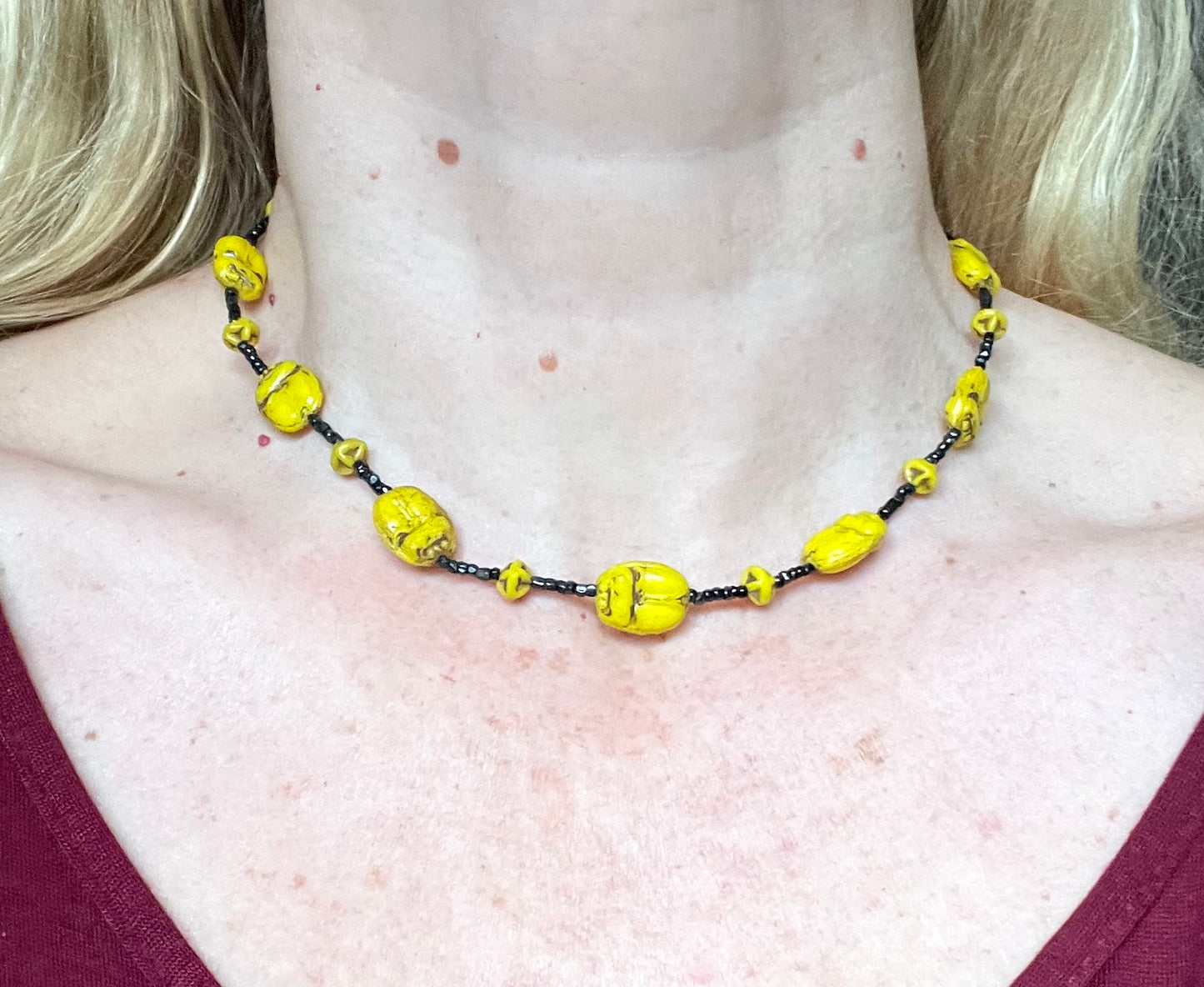 Vintage Art Deco Neiger Egyptian revival scarab glass bead necklace, vibrant bright yellow Czech beads and black spacer beads