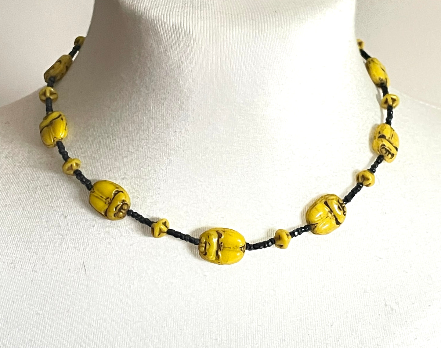 Vintage Art Deco Neiger Egyptian revival scarab glass bead necklace, vibrant bright yellow Czech beads and black spacer beads