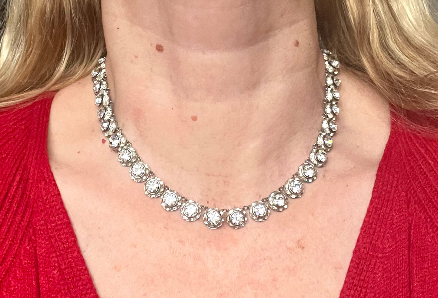 Vintage Art Deco channel set clear rhinestone silver tone machine age necklace, bracelet and screw back earrings set, Schreiber & Hiller ?