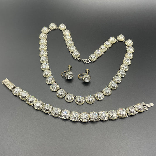 Vintage Art Deco channel set clear rhinestone silver tone machine age necklace, bracelet and screw back earrings set, Schreiber & Hiller ?