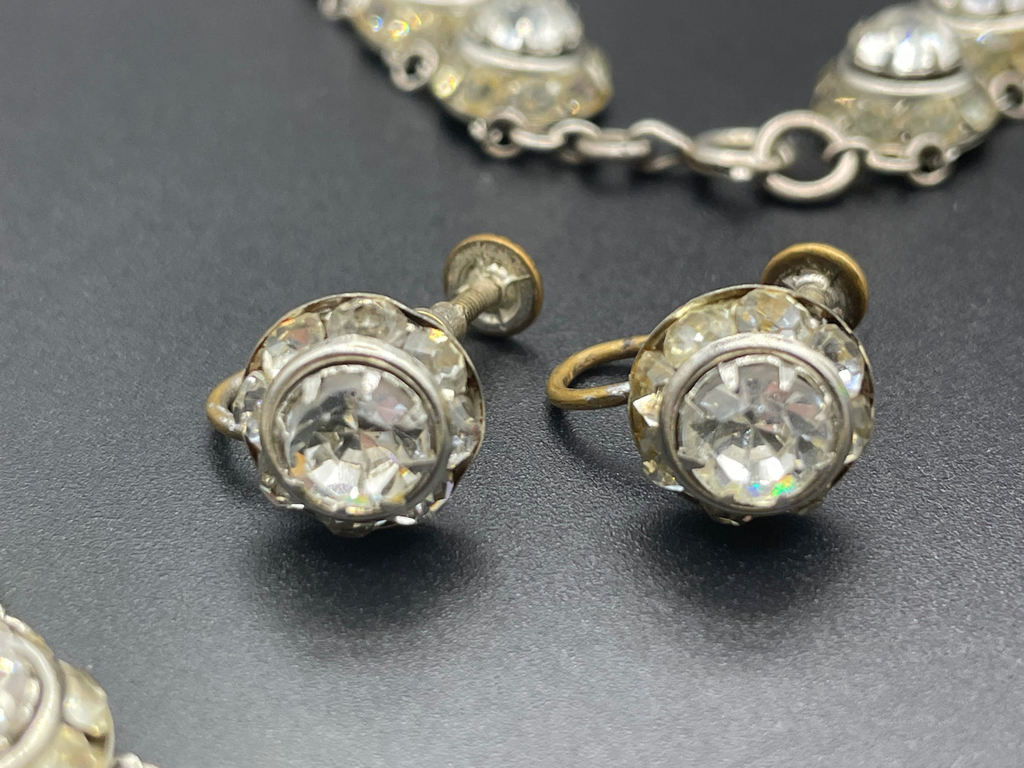 Vintage Art Deco channel set clear rhinestone silver tone machine age necklace, bracelet and screw back earrings set, Schreiber & Hiller ?