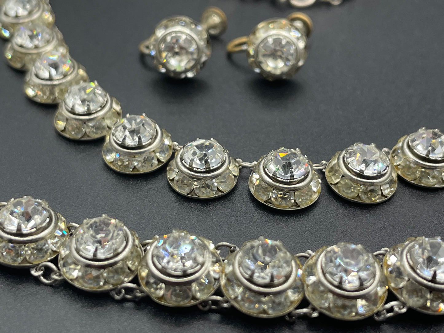 Vintage Art Deco channel set clear rhinestone silver tone machine age necklace, bracelet and screw back earrings set, Schreiber & Hiller ?