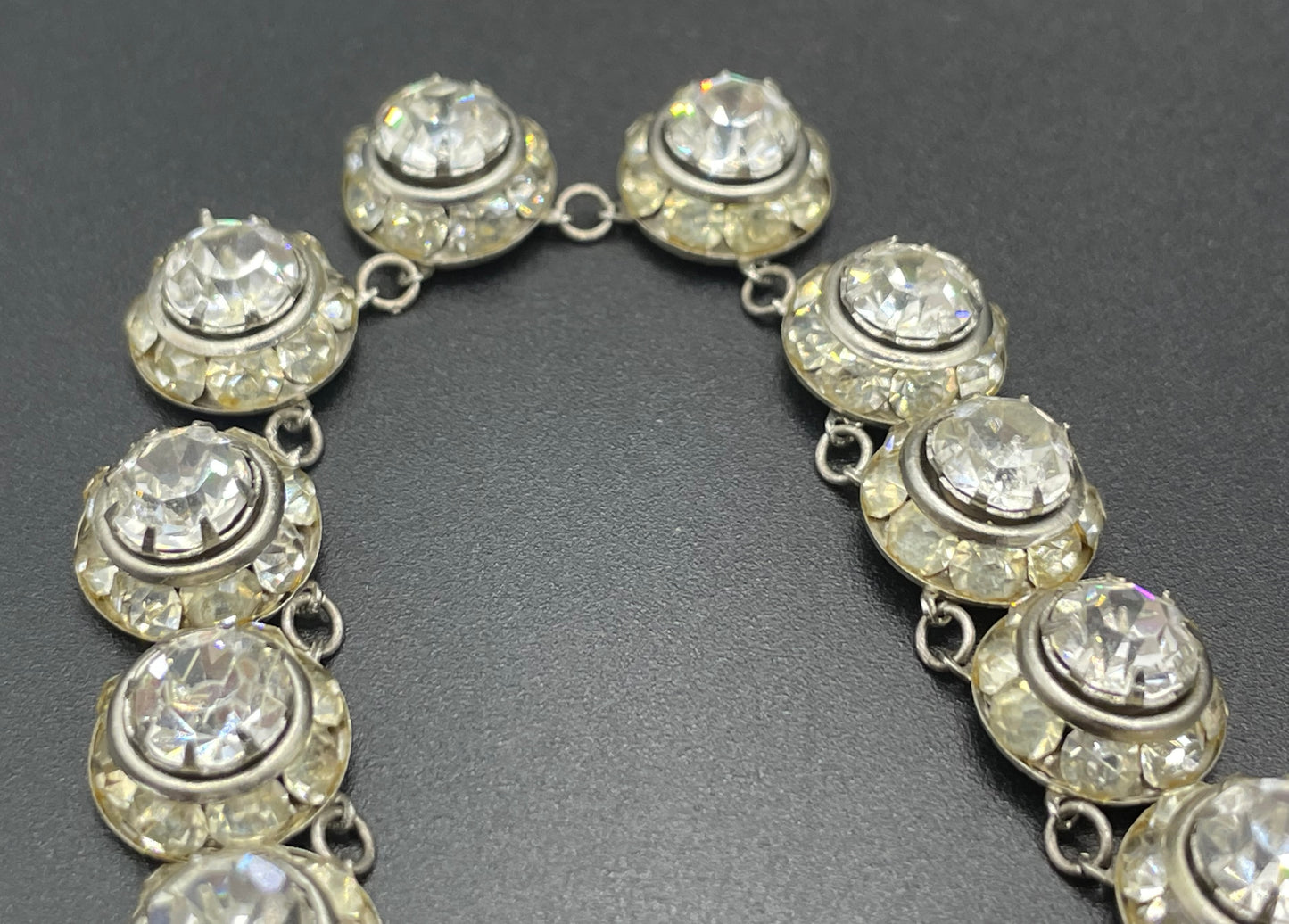 Vintage Art Deco channel set clear rhinestone silver tone machine age necklace, bracelet and screw back earrings set, Schreiber & Hiller ?