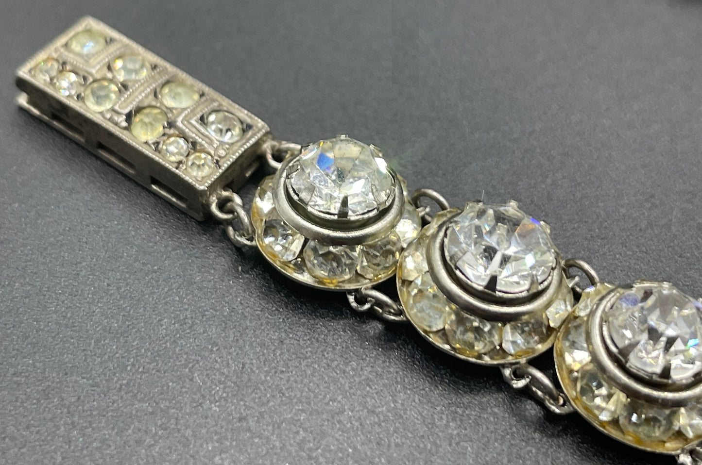Vintage Art Deco channel set clear rhinestone silver tone machine age necklace, bracelet and screw back earrings set, Schreiber & Hiller ?