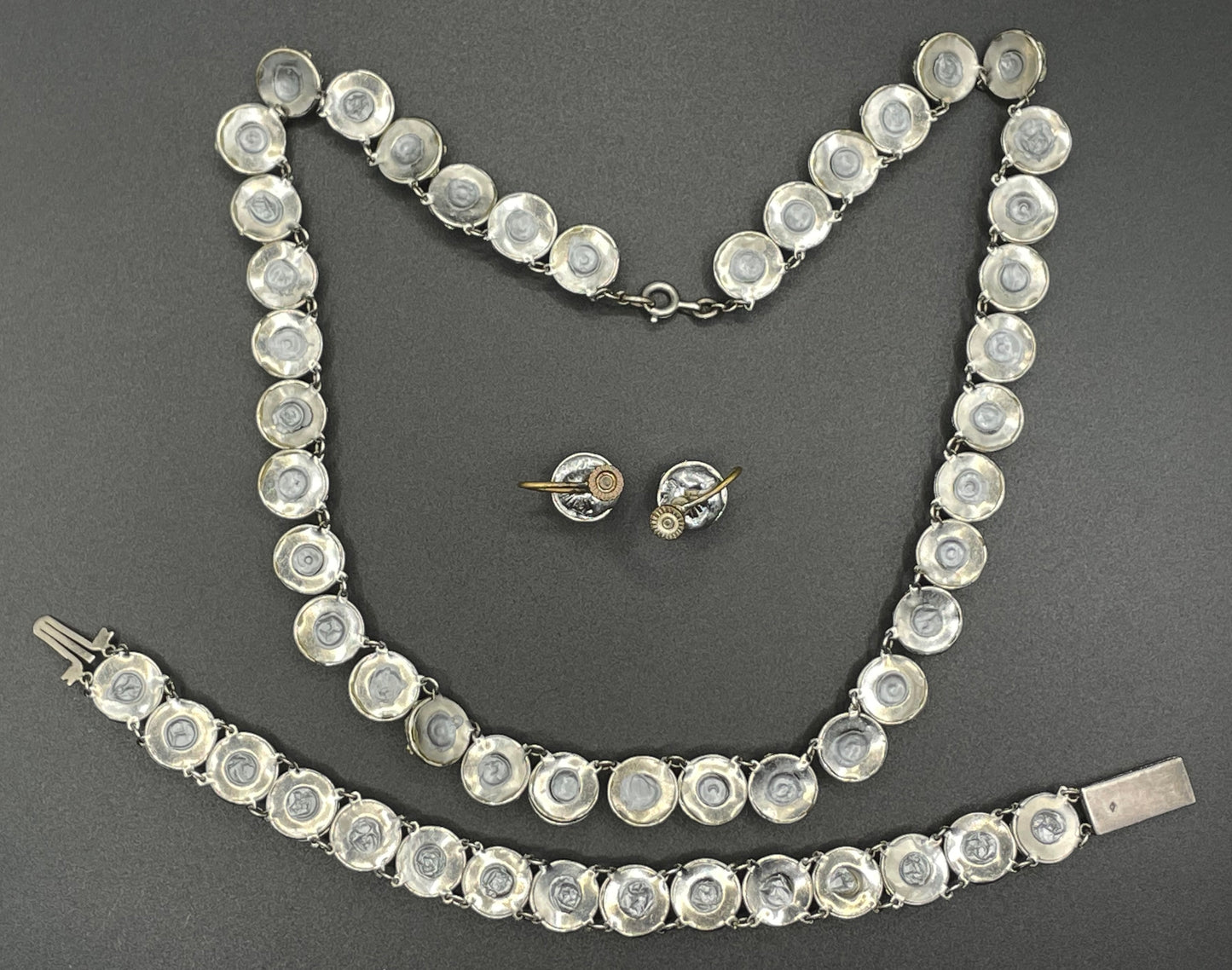 Vintage Art Deco channel set clear rhinestone silver tone machine age necklace, bracelet and screw back earrings set, Schreiber & Hiller ?