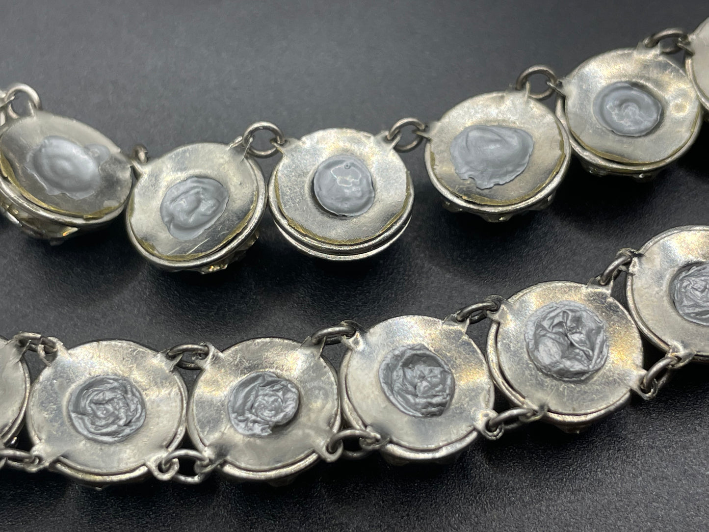 Vintage Art Deco channel set clear rhinestone silver tone machine age necklace, bracelet and screw back earrings set, Schreiber & Hiller ?
