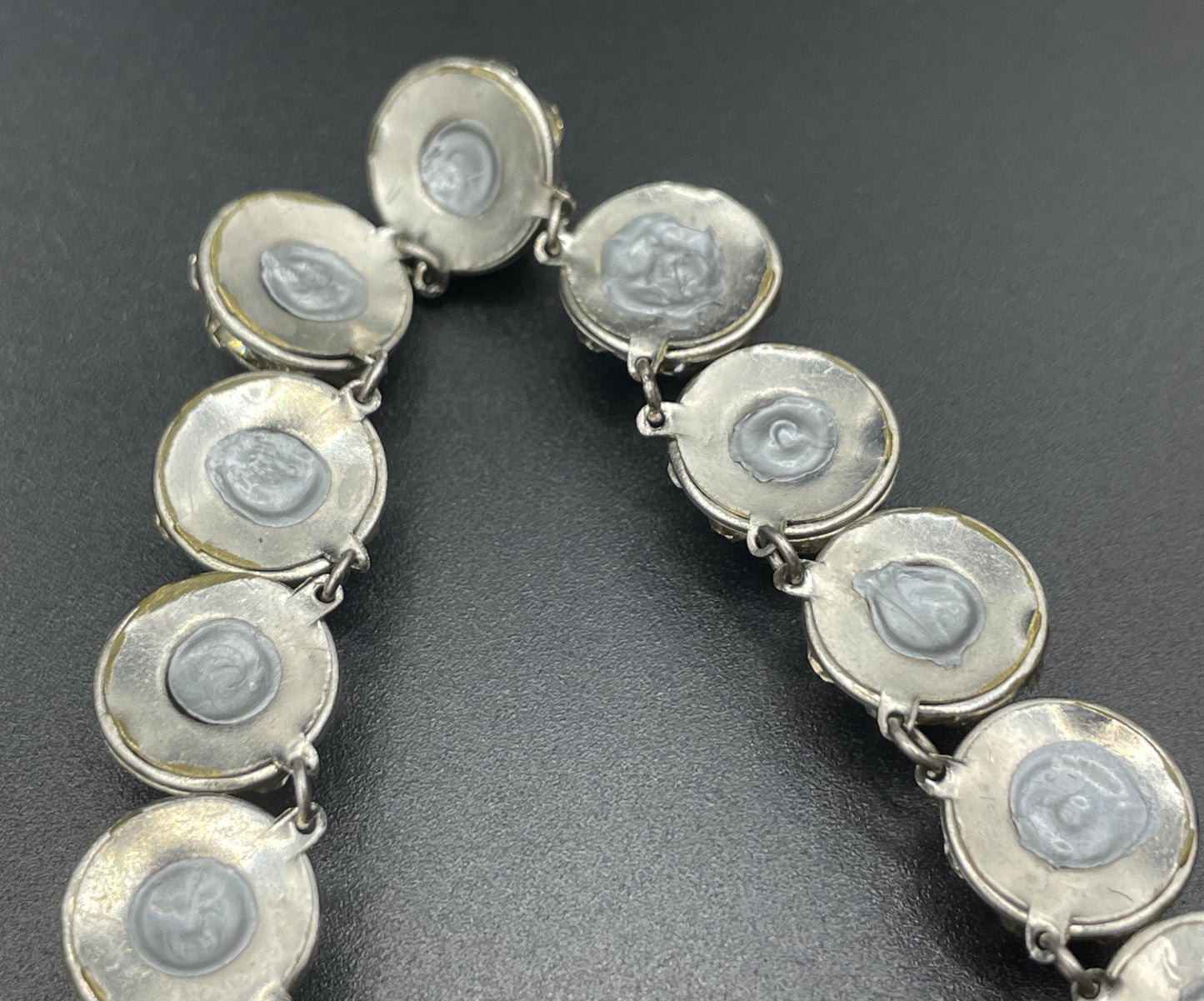 Vintage Art Deco channel set clear rhinestone silver tone machine age necklace, bracelet and screw back earrings set, Schreiber & Hiller ?