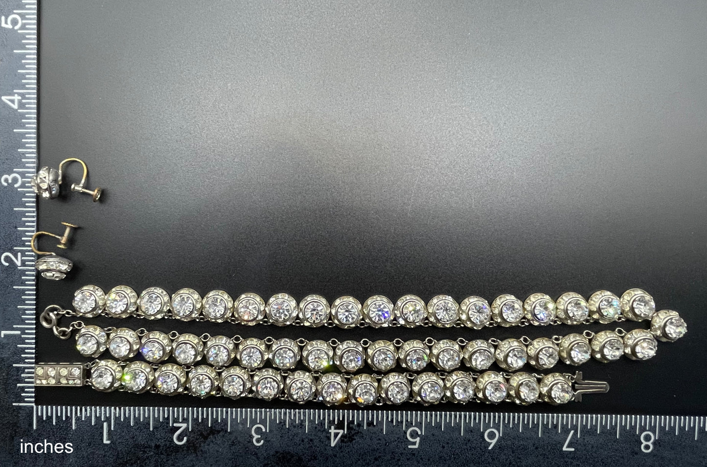 Vintage Art Deco channel set clear rhinestone silver tone machine age necklace, bracelet and screw back earrings set, Schreiber & Hiller ?