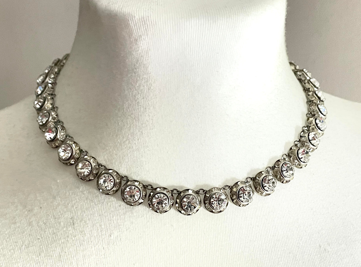 Vintage Art Deco channel set clear rhinestone silver tone machine age necklace, bracelet and screw back earrings set, Schreiber & Hiller ?