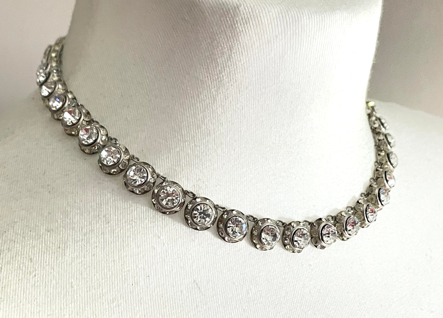 Vintage Art Deco channel set clear rhinestone silver tone machine age necklace, bracelet and screw back earrings set, Schreiber & Hiller ?